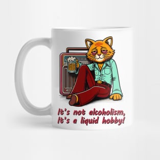 Retro Drunk Cat Cartoon - 70s Party Animal with Vintage Radio and Humor Quote Mug